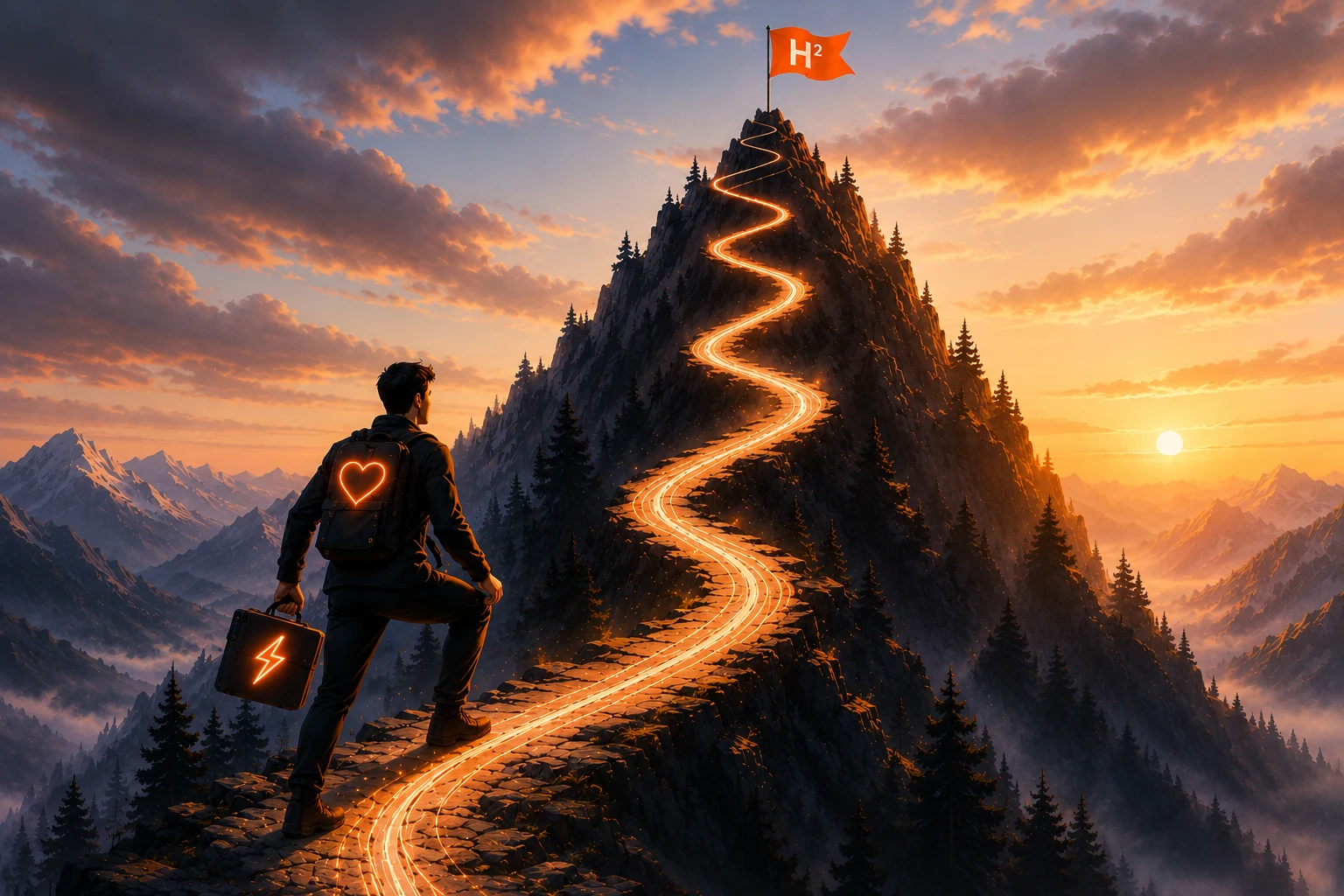 A person climbs a winding trail toward a flagged summit at sunrise, representing the path from performance to capacity, clarity and purpose.