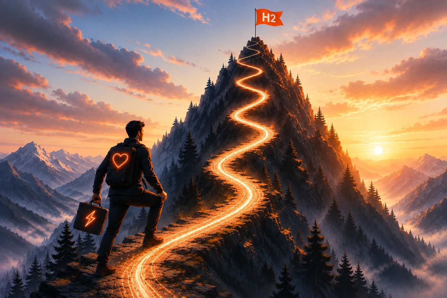 A person climbing a winding trail toward a flagged summit at sunrise